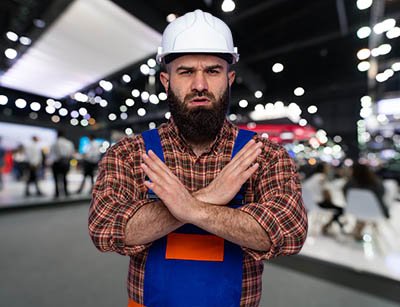 constructio worker with crossed hands in fornt of a trade show blurred booth