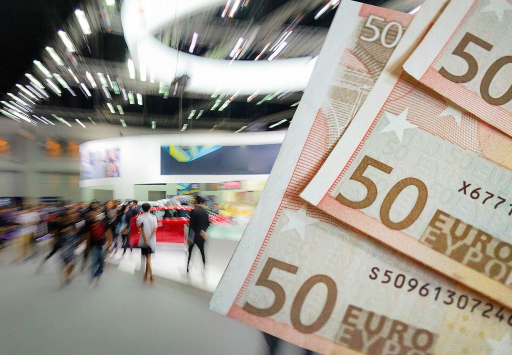 euro bills over a trade show booth render background