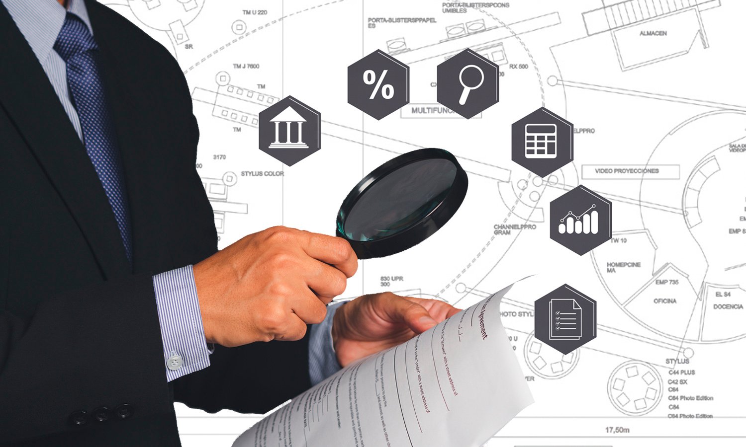 man holding a magnifying glass over a booth plan background